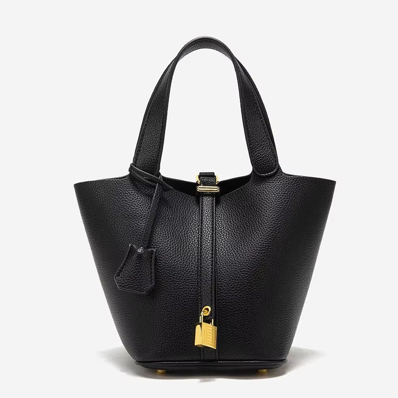 Structured Bucket Tote with Lock Detail