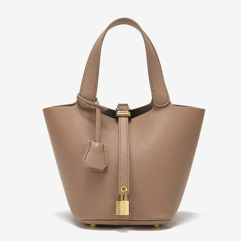 Structured Bucket Tote with Lock Detail