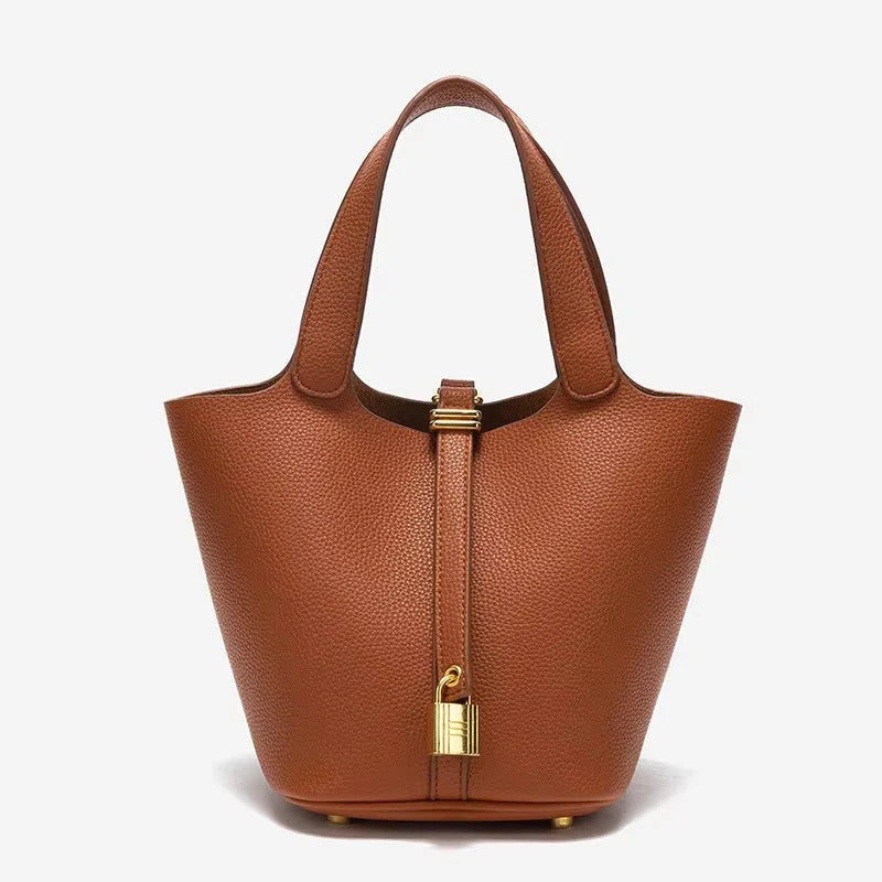 Structured Bucket Tote with Lock Detail