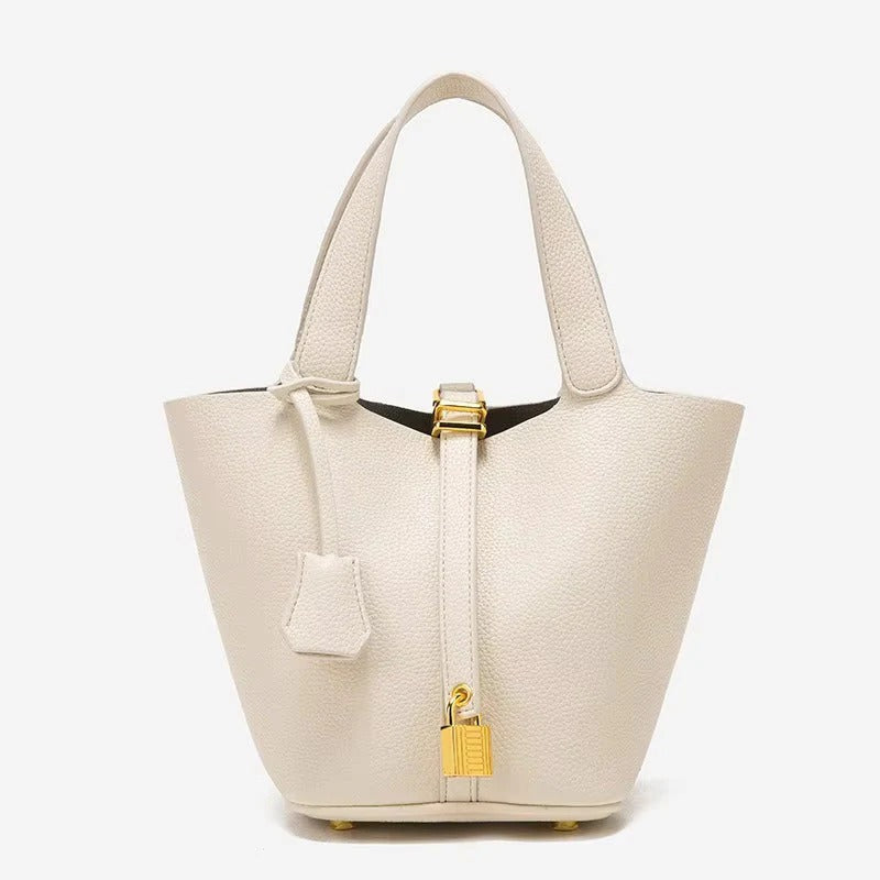 Structured Bucket Tote with Lock Detail